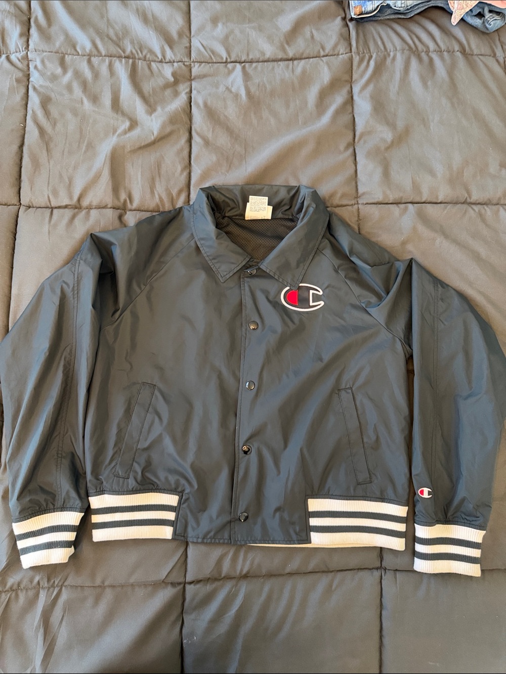 Champion Black Coach Jacket with White Striped Ribbing